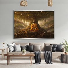 a living room with a couch, coffee table and large painting on the wall above it