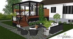 an outdoor living area with furniture and plants