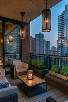 an outdoor living area with couches, tables and lamps on top of the roof