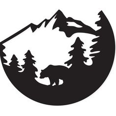 a black and white silhouette of a bear in the mountains with trees on it's side