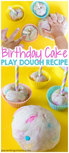 birthday cake play dough recipe with hands and cupcakes in paper cups on yellow background