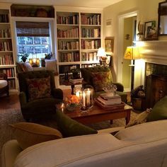 a living room filled with furniture and a fire place in front of a book shelf