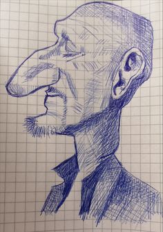 a drawing of a man's face in blue ink on lined paper with grids