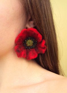 Red Poppy Felted Flower Earrings Felted Wool Traditional Ukrainian Jewelry Gift Fashion Bright State Diy Poppies, Ukrainian Jewelry, Felted Earrings, Felted Jewelry, Ornaments Ideas, Hair Clips Diy, Felt Jewelry, Floral Craft, Red Felt