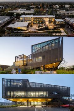 three different views of an office building at night and day