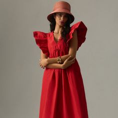 Ruffled Sleeve Dress Ruffled Sleeve Dress, Gorgeous Summer Dresses, V Neck Midi Dress, Ruffled Sleeves, Anthropologie Dress, Babydoll Dress, Anthropologie Dresses, Up Styles, Red Color