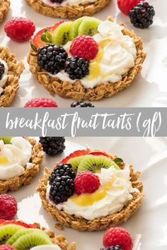 breakfast fruit tarts with fresh berries and kiwis on top are ready to be eaten