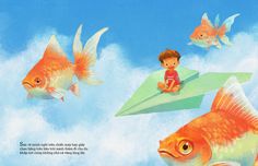 there is a boy sitting on top of a paper boat and two gold fish in the sky