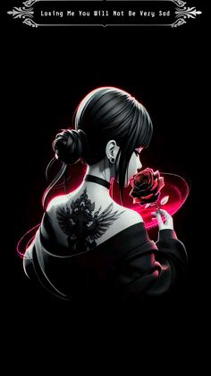 a woman holding a red rose in her right hand and looking at the screen with an evil look on her face