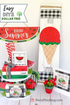 some watermelon signs and other items on a table