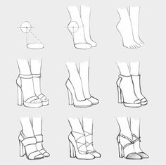 the steps to draw high heeled shoes in different positions and sizes, with each shoe being