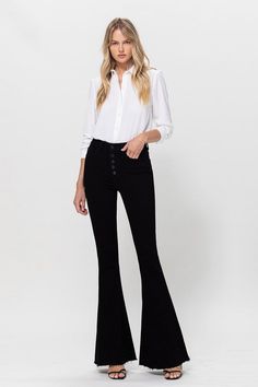 HIGH RISE SUPER FLARE- COMFORT STRETCH DENIM, HIGH WAISTED, SUPER FLARE JEAN. BUTTONS UP, CLEAN CUT HEMLINEF. RISE: 10" / INSEAM: 34'' / LEG OPENING: 26 1/4''78% COTTON 20.4% POLYESTER 1.6% SPANDEXMODEL IS 5' 9'' WEARING SIZE 26#FLYINGMONKEYJEANS #VERVETDENIM ONLY.THE.BESTMade In: importedFabric Contents: 78% COTTON, 20.4% POLYESTER, 1.6% SPANDEX Super Flare Jeans, Chic Halloween, Stretchy Jeans, Clean Cut, Black Button, Sheer Fabrics, Print Pattern, Bell Bottoms, Jeans Style