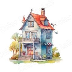 a watercolor painting of a blue house with a red roof and two story windows