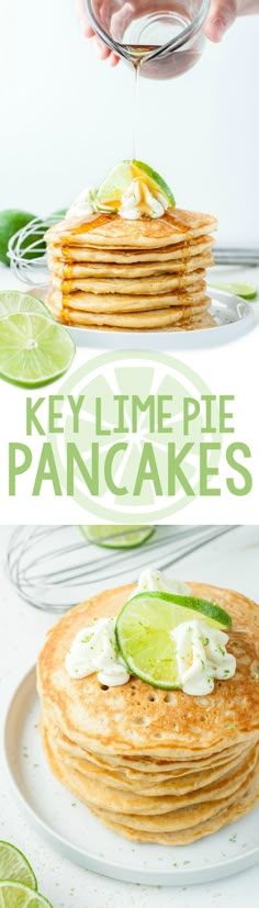 a stack of pancakes with limes and whipped cream on top