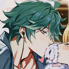 two anime characters one is kissing the other has green hair and an orange shirt on