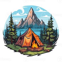 a tent is set up in the woods with a campfire and mountains in the background