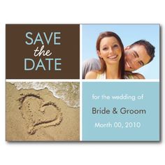 save the date card with two photos and heart drawn in sand