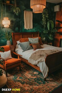 This medium-sized Boho bedroom brings the outdoors inside with rich green walls and an array of lush plants. Macrame decor and a vintage wooden bed frame add an eclectic, handcrafted touch, while cozy textiles, including throw blankets and pillows, create a warm, inviting atmosphere. The woven pendant lights and thoughtfully arranged decor elements complete this tranquil, jungle-inspired retreat. Vintage Bed Frames, Boho Bedroom Green, 1920s Furniture, Cozy Boho Bedroom, Bedroom Revamp, Boho Bedrooms, Vintage Bed Frame, Living Room Wall Decoration, Boho Bedroom Design