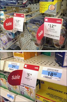 two pictures of the same price label on different items for sale in a grocery store