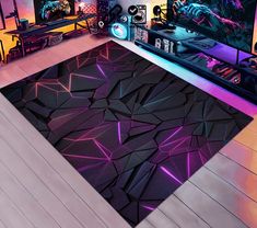 a living room filled with lots of furniture and colorful lighting on the walls, along with a rug that looks like an abstract design