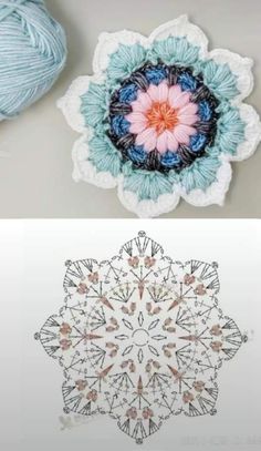 crocheted doily with flowers and yarn in the middle, next to an image of