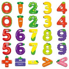 the numbers are made up of fruits and veggies with faces for each letter