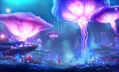 an underwater scene with glowing mushrooms and other things in the water, including jellyfish