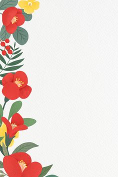 an image of red flowers and leaves on a white background with space for your text