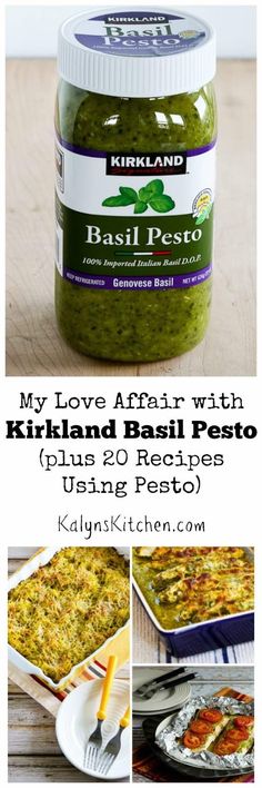 a jar of pesto next to a plate of food on a table with the words, my love affair with kirlunano basil pesto