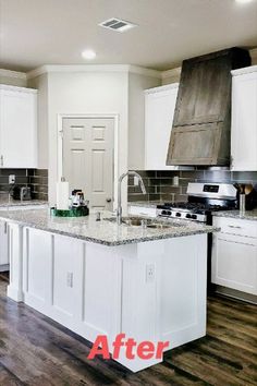 a kitchen with white cabinets and an island in the middle is shown before and after remodeling