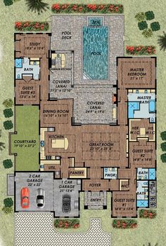 an aerial view of the floor plan for a house with swimming pool and hot tub