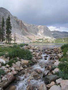 a river running through a lush green forest filled with rocks and grass next to a mountain