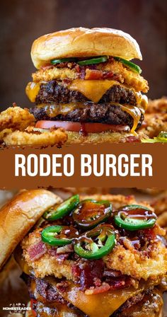 two burgers stacked on top of each other with the words rodeo burger written above them