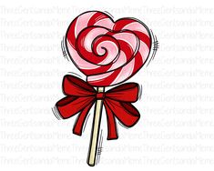 a red and white lollipop with a bow on it's end, in the shape of a heart