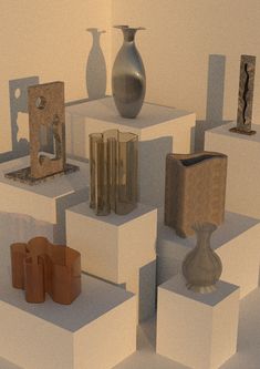 an assortment of vases and other decorative objects