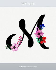 the letter m is decorated with flowers and leaves