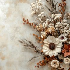 an arrangement of dried flowers on a white background