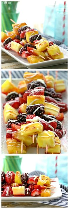 fruit skewers are being served on a plate