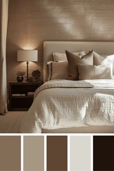 a bedroom with neutrals and browns in the color scheme, including bed linens