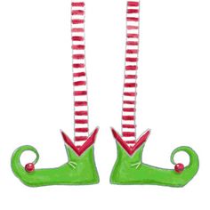 two green christmas stockings with red and white striped socks on them, one is upside down