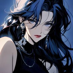 an anime character with long black hair and blue eyes