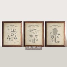 three framed drawings of tennis rackets and racquets, with the words harper bay on them