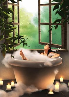 a woman laying in a bathtub surrounded by candles and greenery next to a window