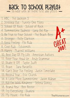 the back to school playlist is written in red and black on lined up paper