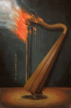 a painting of a harp with fire coming out of it