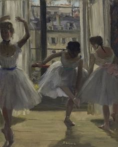 three ballerinas in front of a window with their arms stretched out