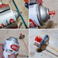 four pictures showing how to use a can as a fire extinguisher