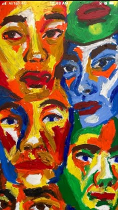 an abstract painting of many different people's faces