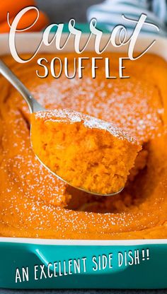 a spoon full of carrot souffle in a bowl