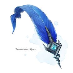 a blue feather with a light on it and the words thunder bolt quill above it